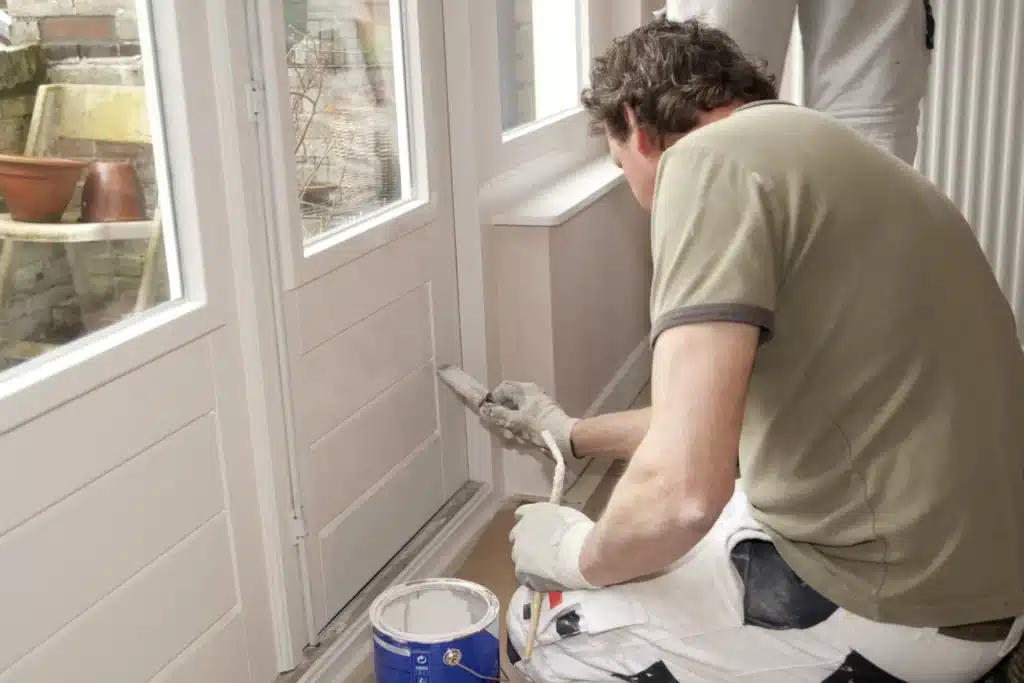 Un peintre ganté applique de la peinture blanche sur une porte et ses cadres intérieurs. Un pot de peinture est au sol.