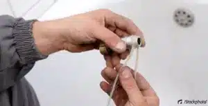 Mains d'un plombier enroulant de la filasse de chanvre autour d'un raccord métallique fileté pour étanchéifier une jointure de tuyau.