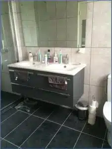 Salle de bain moderne: double vasque gris, grand miroir, douche vitrée. Carrelage mural clair, sol foncé. Toilettes et poubelle visibles.