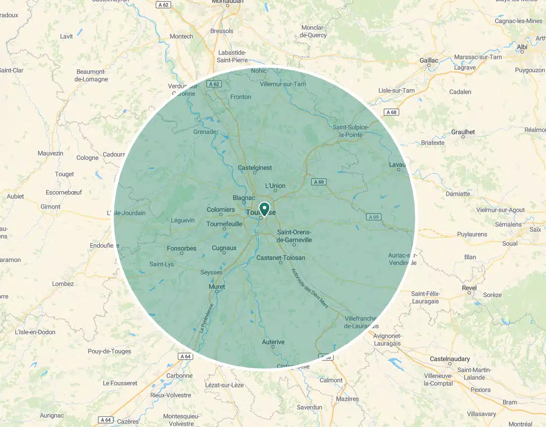 Carte régionale centrée sur Toulouse, montrant un rayon d'influence vert autour de la ville et des villes voisines (Blagnac, Muret, Cugnaux, L'Union, A68, A69).